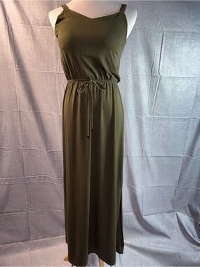 2381-Lildy Olive Green Sleeveless Maxi Dress with Drawstring Waist